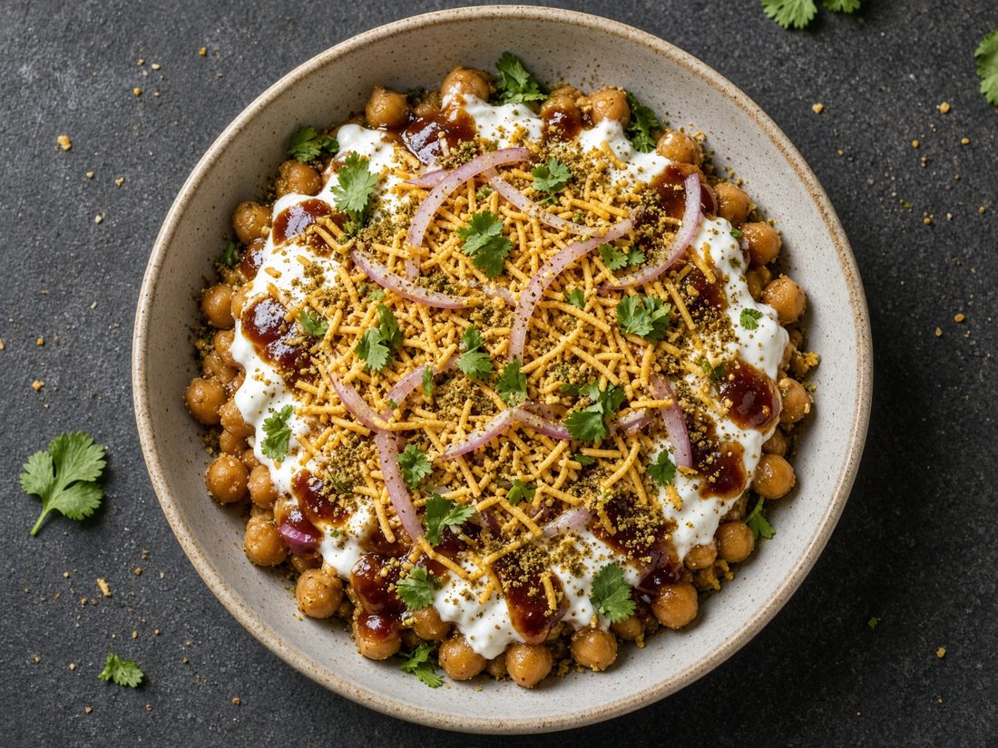 A bowl of channa chaat with yoghurt, tamarind, sev and red onion