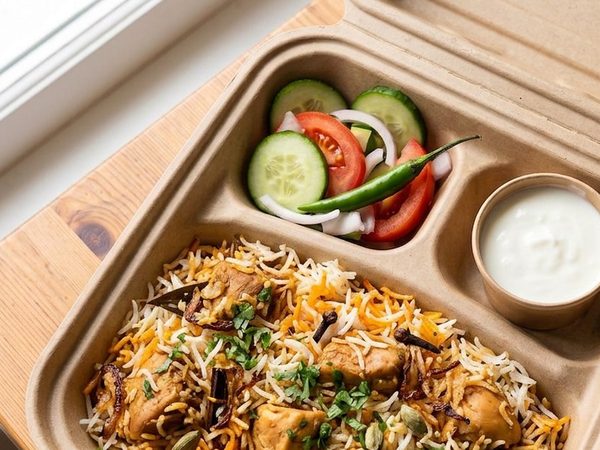 Chicken biryani in a Buraq box with salad and raita