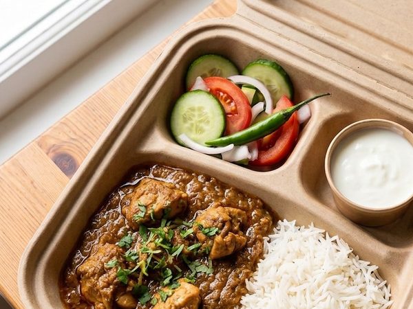 Chicken curry and rice in a Buraq box with salad and raita