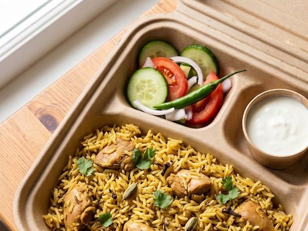 Chicken pilau in a Buraq box with salad and raita