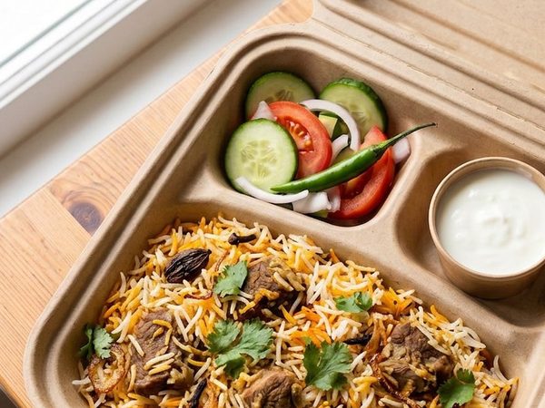 Lamb biryani in a Buraq box with salad and raita
