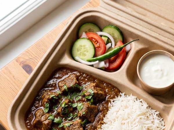 Lamb curry and rice in a Buraq box with salad and raita
