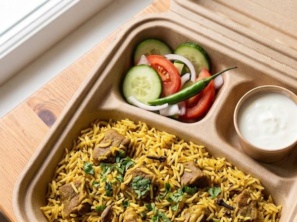 Lamb pilau in a Buraq box with salad and raita