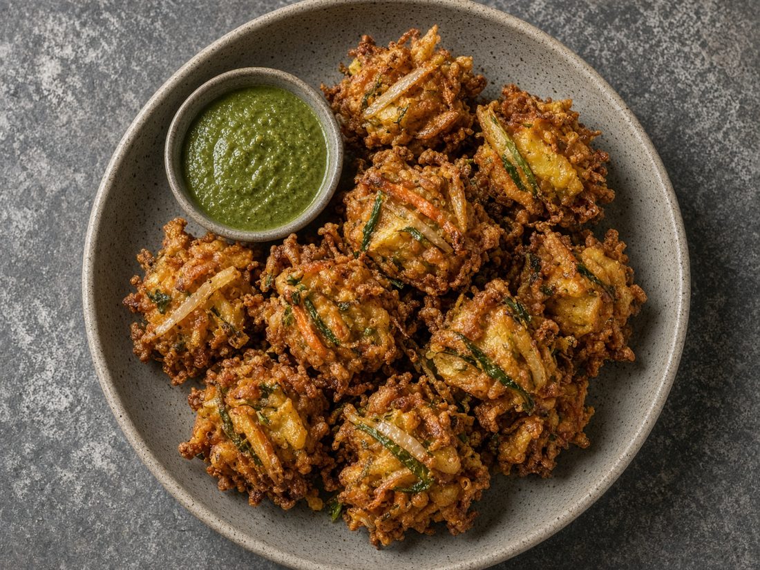 A plate of vegetable pakoras with green chutney