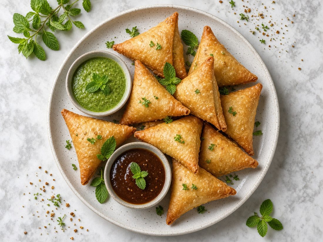Golden samosas on a plate with green and tamarind chutneys