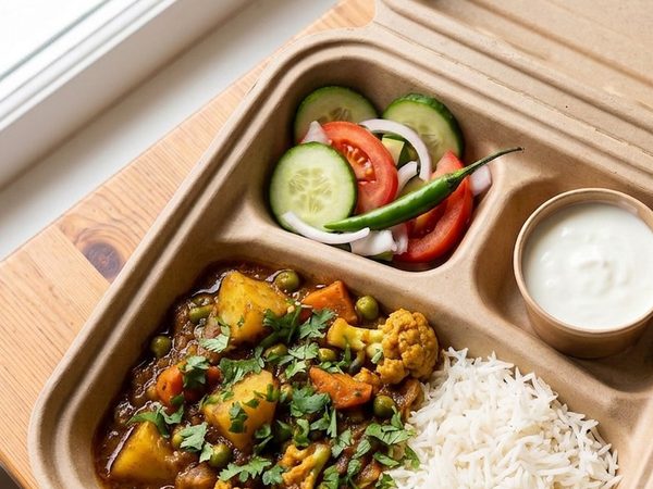 Vegetable curry and rice in a Buraq box with salad and raita