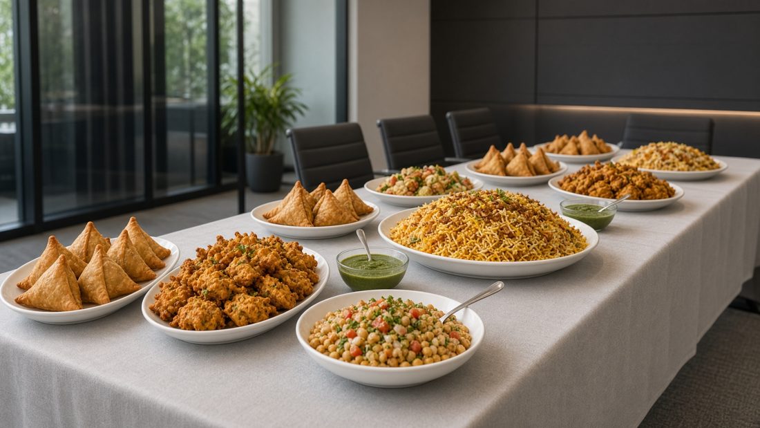 Platters of samosas, pakoras, channa chaat and biryani with green chutney, laid out on a meeting-room table